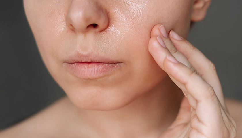 Detalle de textura de piel grasa con brillo facial y poros dilatados en el rostro..webp