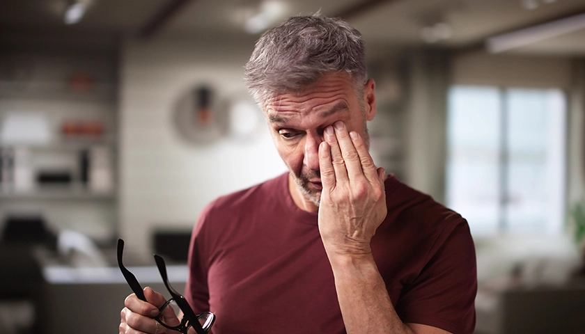 Hombre con molestias en el ojo, posiblemente por ojo seco o aparición de un orzuelo.webp